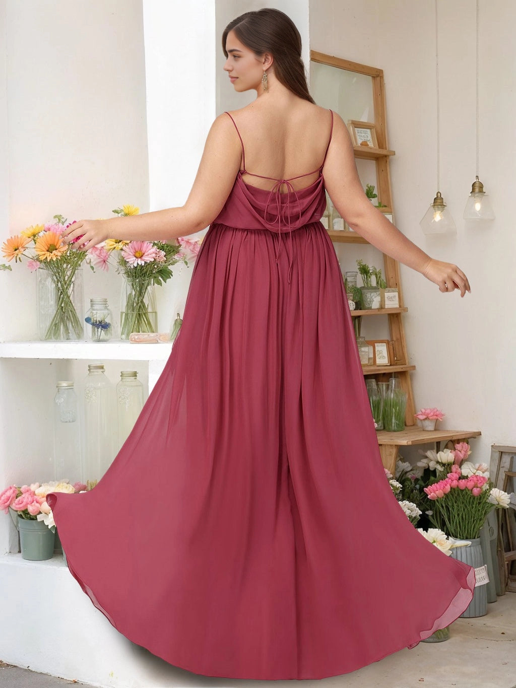 roselledress curvy wine red bridesmaid dress cowl drawstring open back tie back lightweight bridal long dress