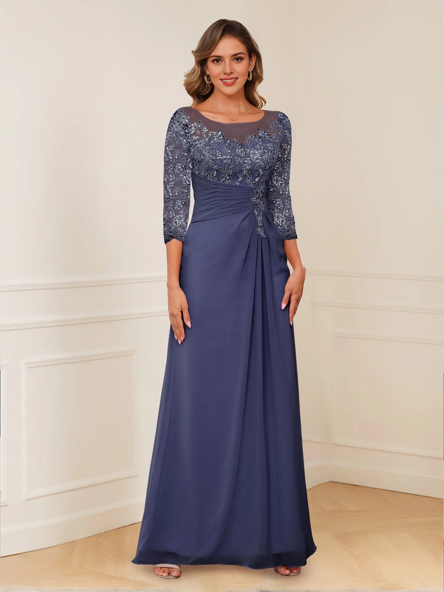 Roselledress dusty blue plus size bateau lace mother dress 3/4 sleeve ruched A-line floor formal gown