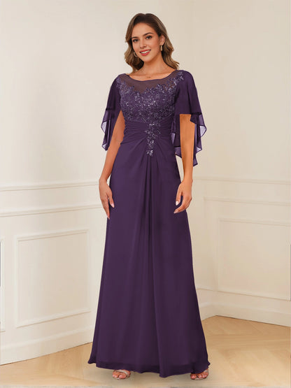 Ruched A-Line Bateau-Neck Flutter-Square-Back Floor-Length plus size Mother Of Bride Dress