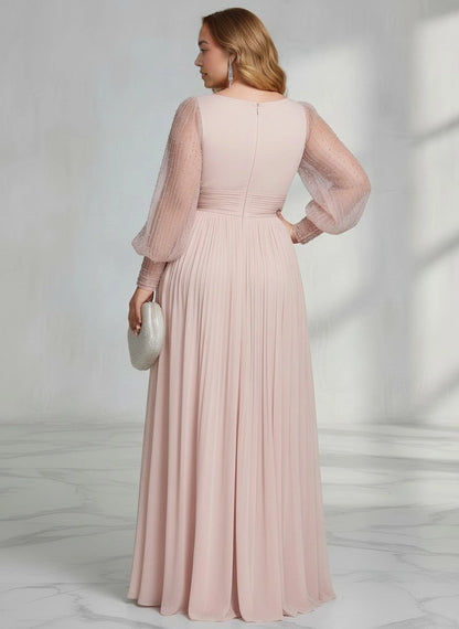 Roselledress blush chiffon formal maxi dress back view, round back zipper closure plus size wedding guest dress
