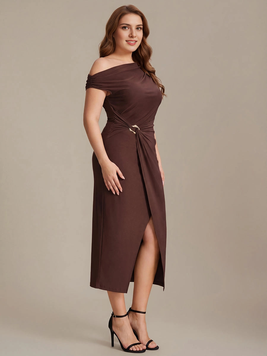 Roselledress Slim Midi Off-Shoulder Short-Sleeve Solid-Back Slit-Length Plus Size Weeding Guest Dress