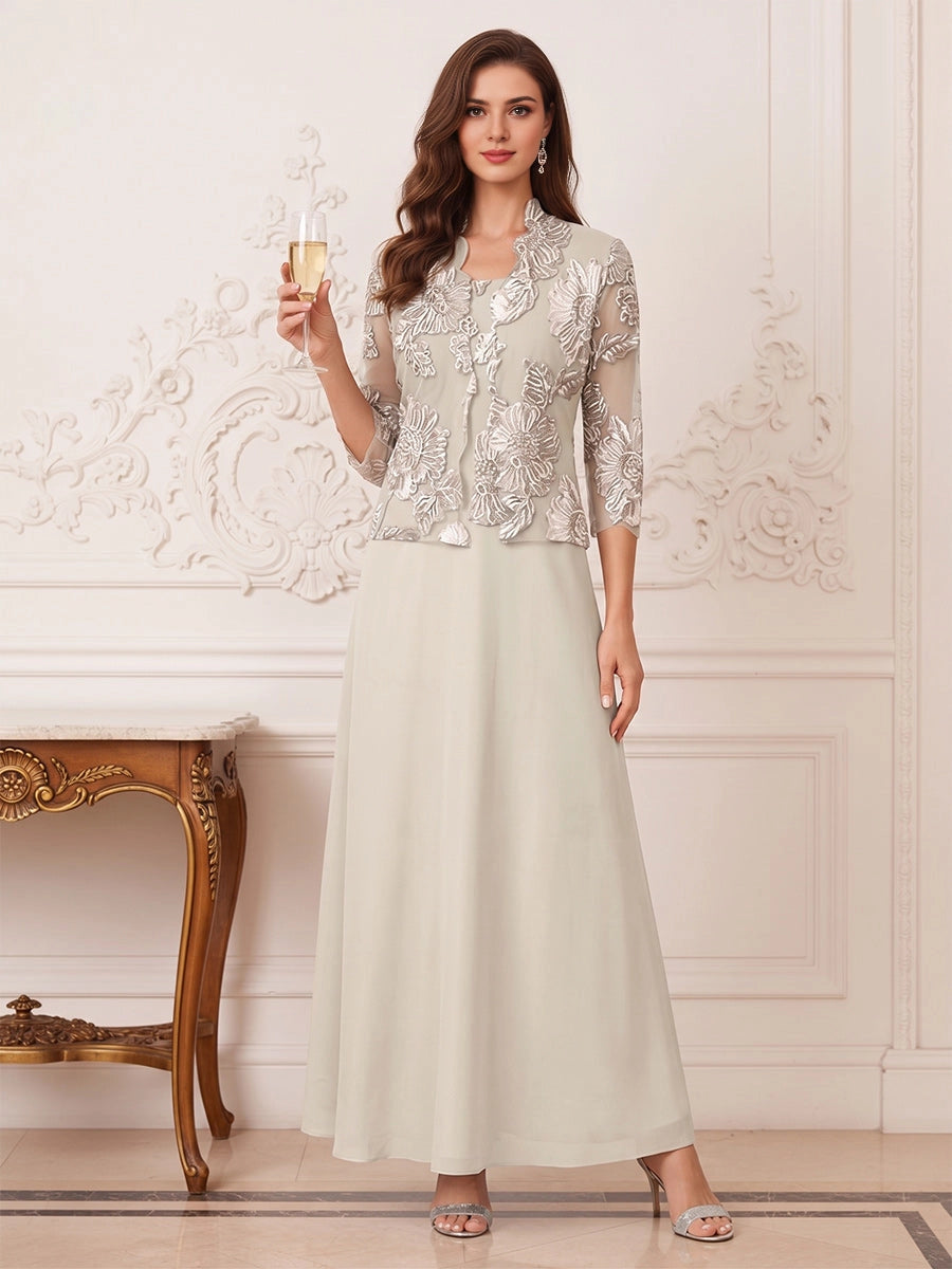 roselledress sage chiffon two piece mother of bride gown with floral lace 3/4 sleeve jacket