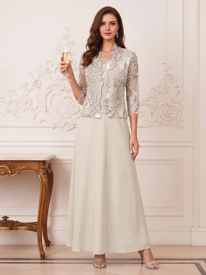 roselledress sage chiffon two piece mother of bride gown with floral lace 3/4 sleeve jacket