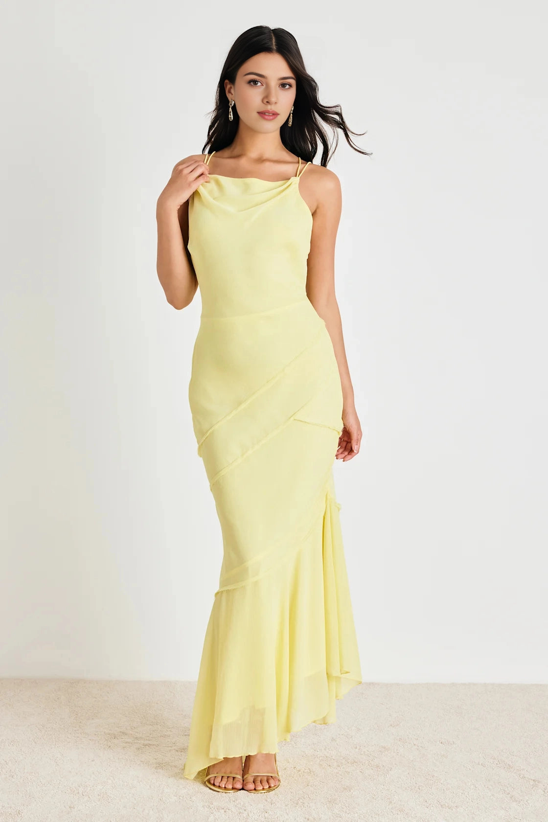 Flowy Mermaid Spaghetti Crisscross Back Ruffled Long Prom Dress