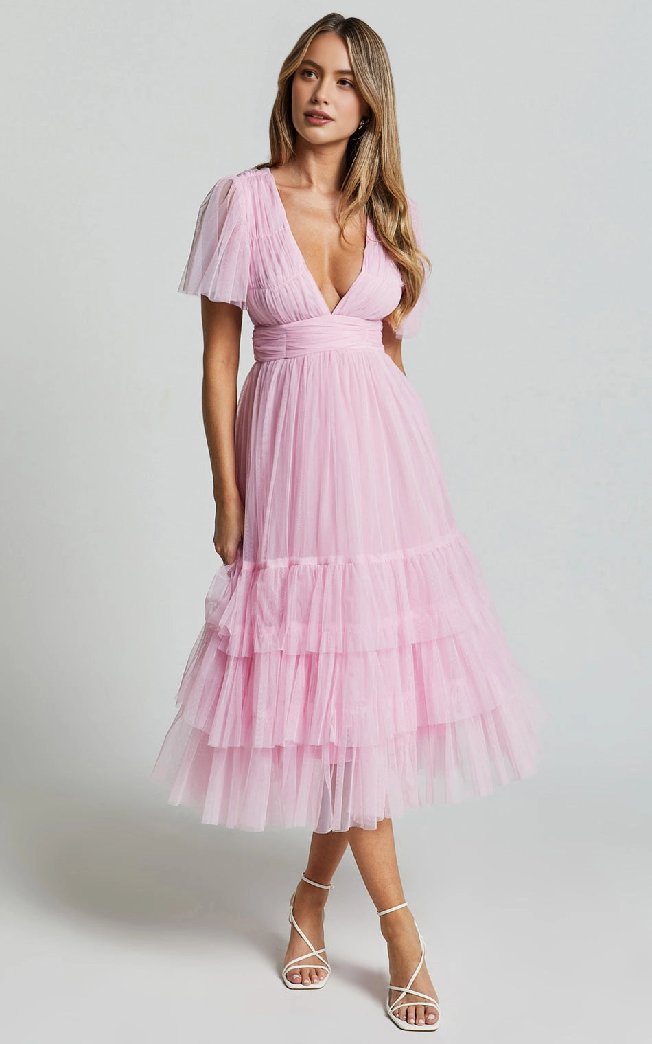 V Neck Flutter Sleeve Tiered Tulle Midi Plus Size Wedding Guest Dress