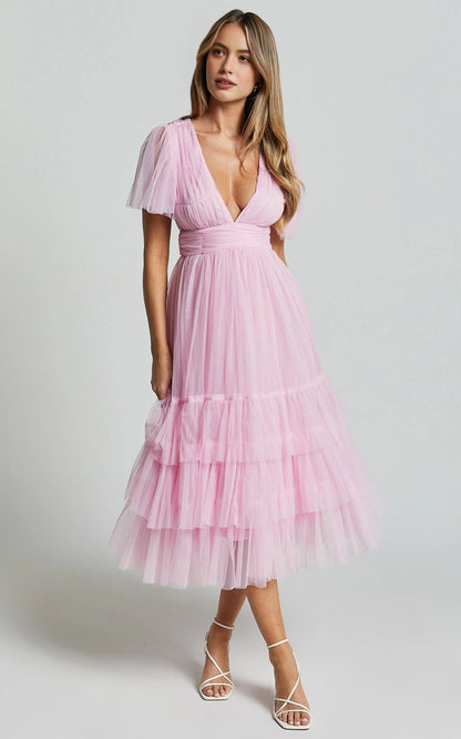 V Neck Flutter Sleeve Tiered Tulle Midi Plus Size Wedding Guest Dress