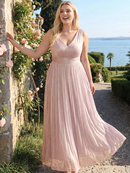 roselledress blush shimmer pleated plus size bridesmaid dress sleeveless double v neck long gown