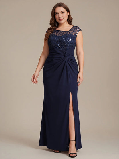 Elegant Sheath Bateau Neck Cap Sleeve Sheer Back Floor-Length Mother of the Bride Dress