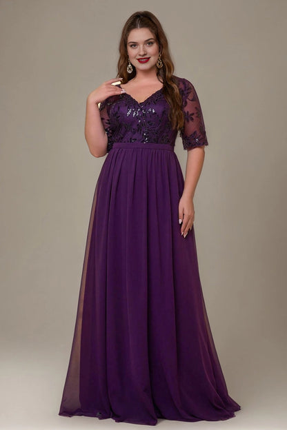 Elegant A-Line V-Neck Short Sleeve V-Back Floor-Length Mother of the Bride Dress
