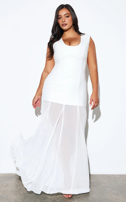 Minimalist Sleeveless U Neck Back Zipper Chiffon Overlay Plus Size Maxi Wedding Guest Dress 