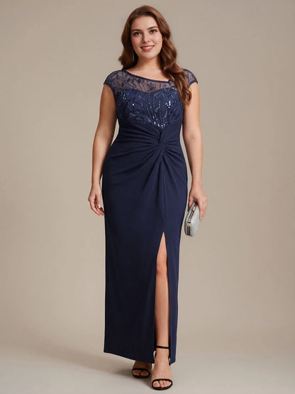 roselledress navy sequin embroidery plus size wedding guest dress bateau cap sleeve twist slit maxi gown