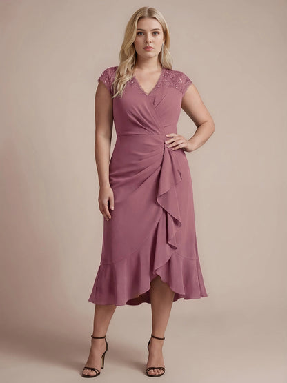 Roselledress dusty mauve sequin lace cap sleeve wrap ruched plus size midi dress front view