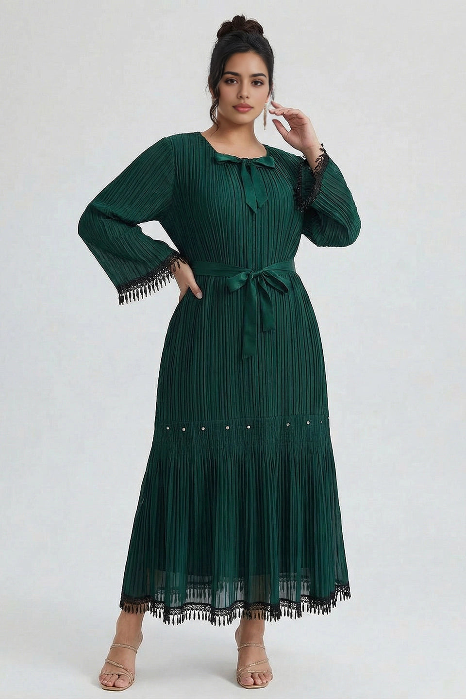 dress emerald green plus size pleated maxi dress tie waist tassel trim flare sleeve wedding guest gown for curvy women