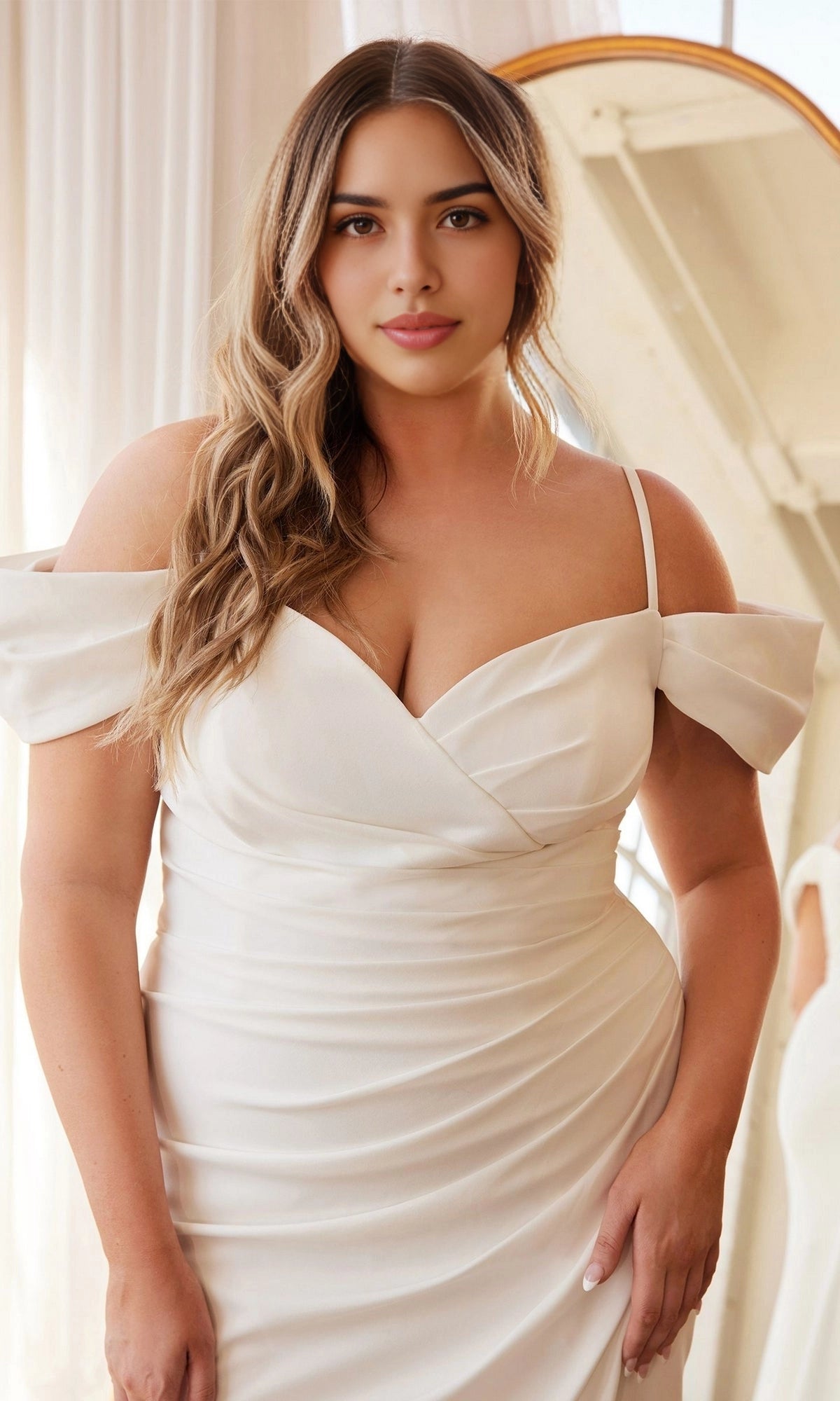 White Plus Size Mermaid Off Shoulder Solid Back Long Prom Dress