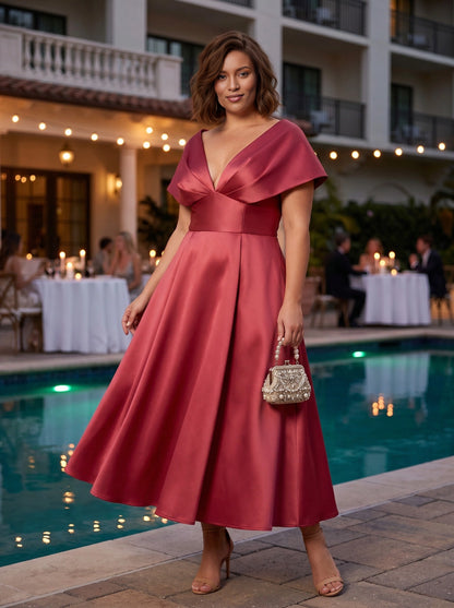 roselledress burgundy satin deep v‑neck flutter sleeve a‑line midi plus‑size prom dress front view