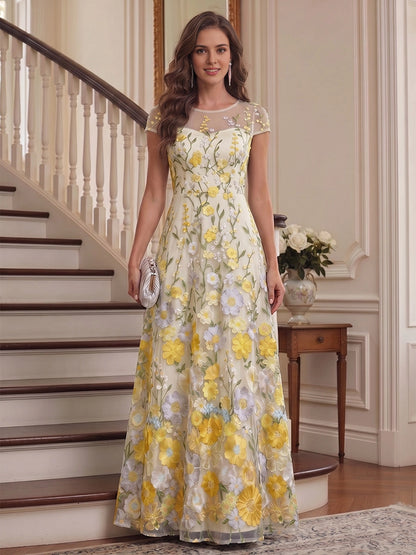 Floral A-Line Round-Neck Short-Sleeve Button-Back Floor-Length plus size Mother Of Bride Dress