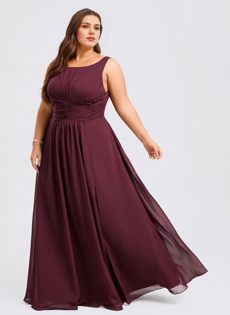Flowy Plus Size A-Line Bateau Sleeveless Ruched V-Back Floor-Length Mother Of Bride Dress