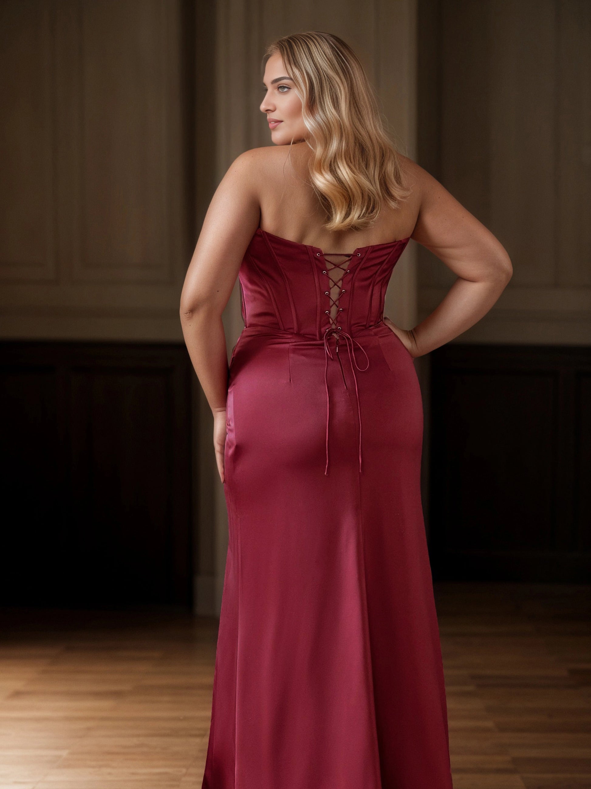 RoselleDress burgundy plus size corset formal gown strapless lace‑up mesh back satin mermaid dress back view floor‑length