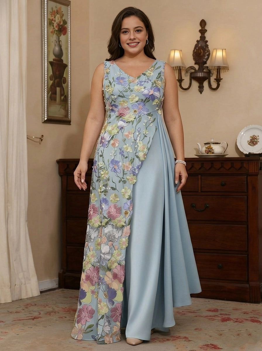RoselleDress light blue floral applique plus size sleeveless floor length mother of bride dress v-neck front view