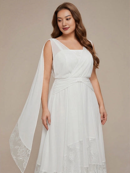 Elegant A-Line V-Neck Sleeveless Wrap Back Lace Hem Midi Plus Size Bridesmaid Dress