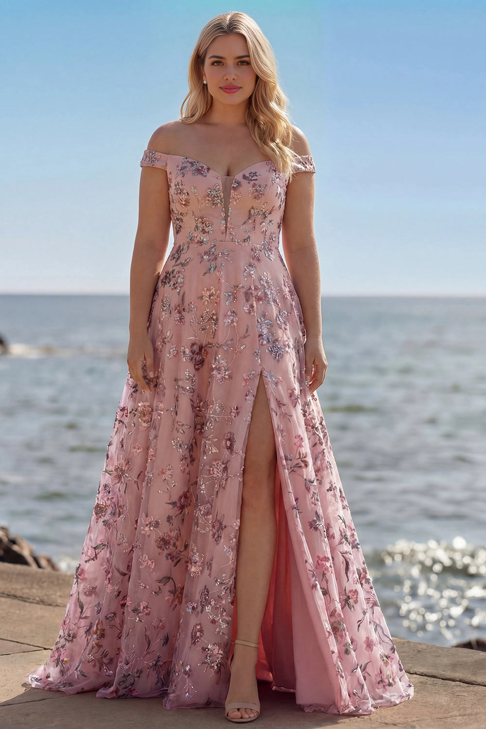Romantic Plus Size Floral A-Line Off-Shoulder Short Sleeve Lace-Up Back Long Wedding Guest Dress