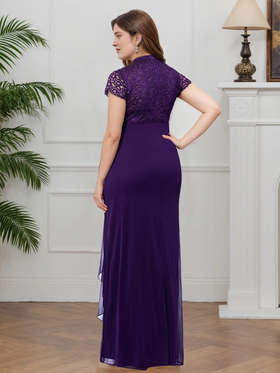 Roselledress back view purple long formal dress,high lace covered back cap sleeve plus size wedding guest gown