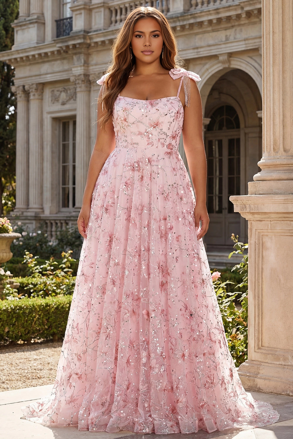 dress blush pink plus size a-line square neck bow strap floral sequin prom gown for curvy women