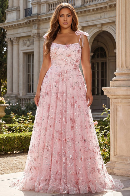 dress blush pink plus size a-line square neck bow strap floral sequin prom gown for curvy women