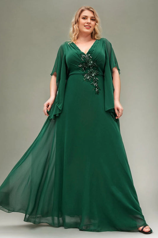 Roselledress dark green plus size prom dress v neck cape sleeve beaded floral embroidery chiffon formal gown