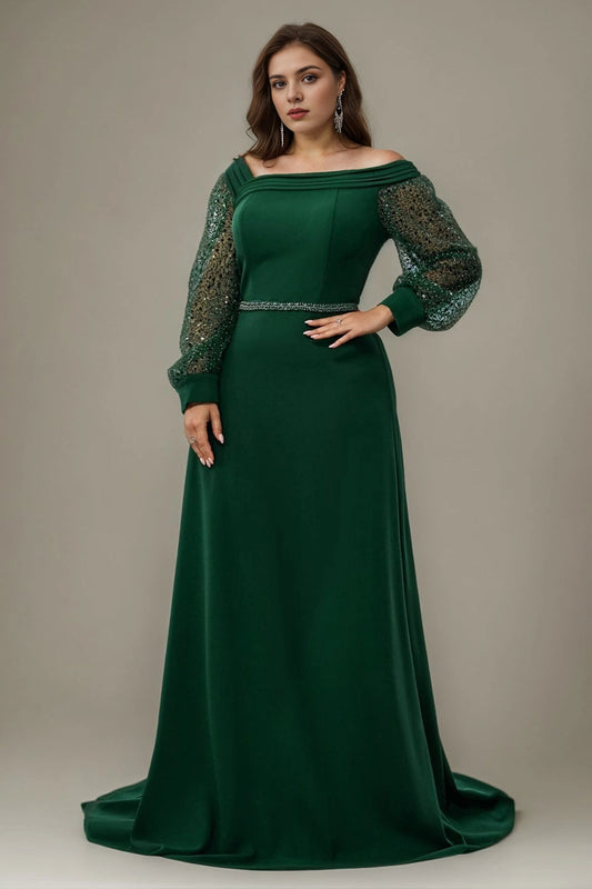 Roselledress dark green plus size a‑line prom dress off‑the‑shoulder sequin long sleeve formal evening gown with beaded waist