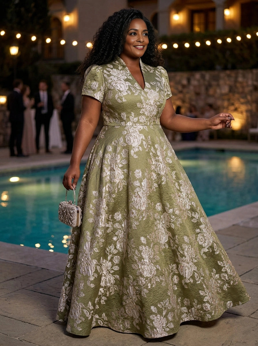 Plus Size Jacquard A-Line Short Sleeve Long Wedding Guest Dress