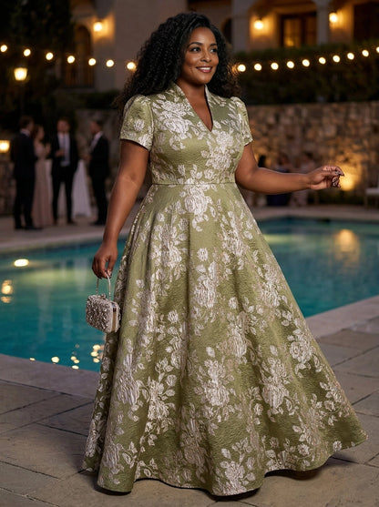 Plus Size Jacquard A-Line Short Sleeve Long Wedding Guest Dress
