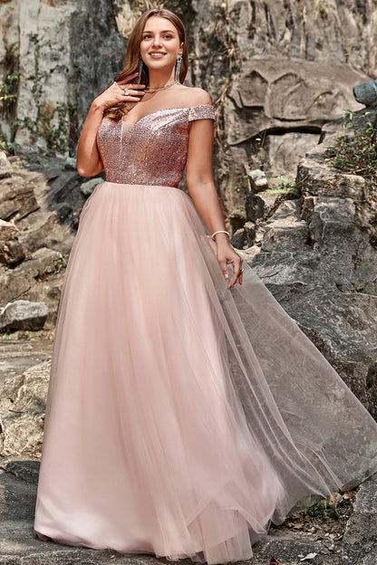 roselledress blush plus size a‑line prom dress off‑shoulder cap sleeve rose gold sequin bodice tulle skirt formal gown for curvy women