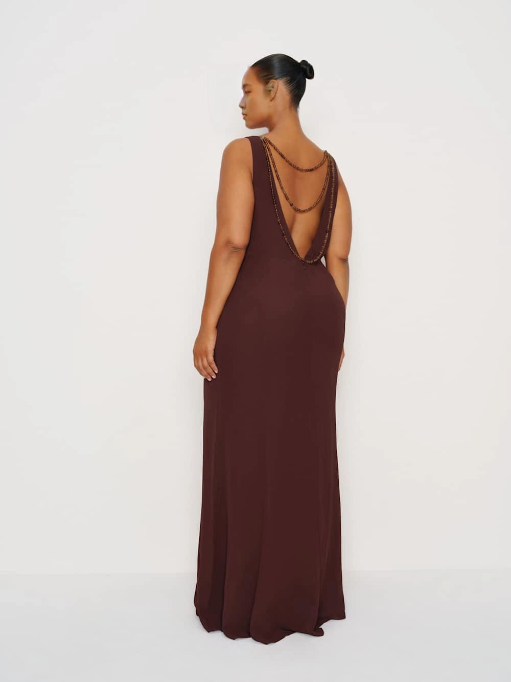 roselledress dark brown plus size mermaid evening dress low open back with chain detail sleeveless fitted formal maxi dress back view