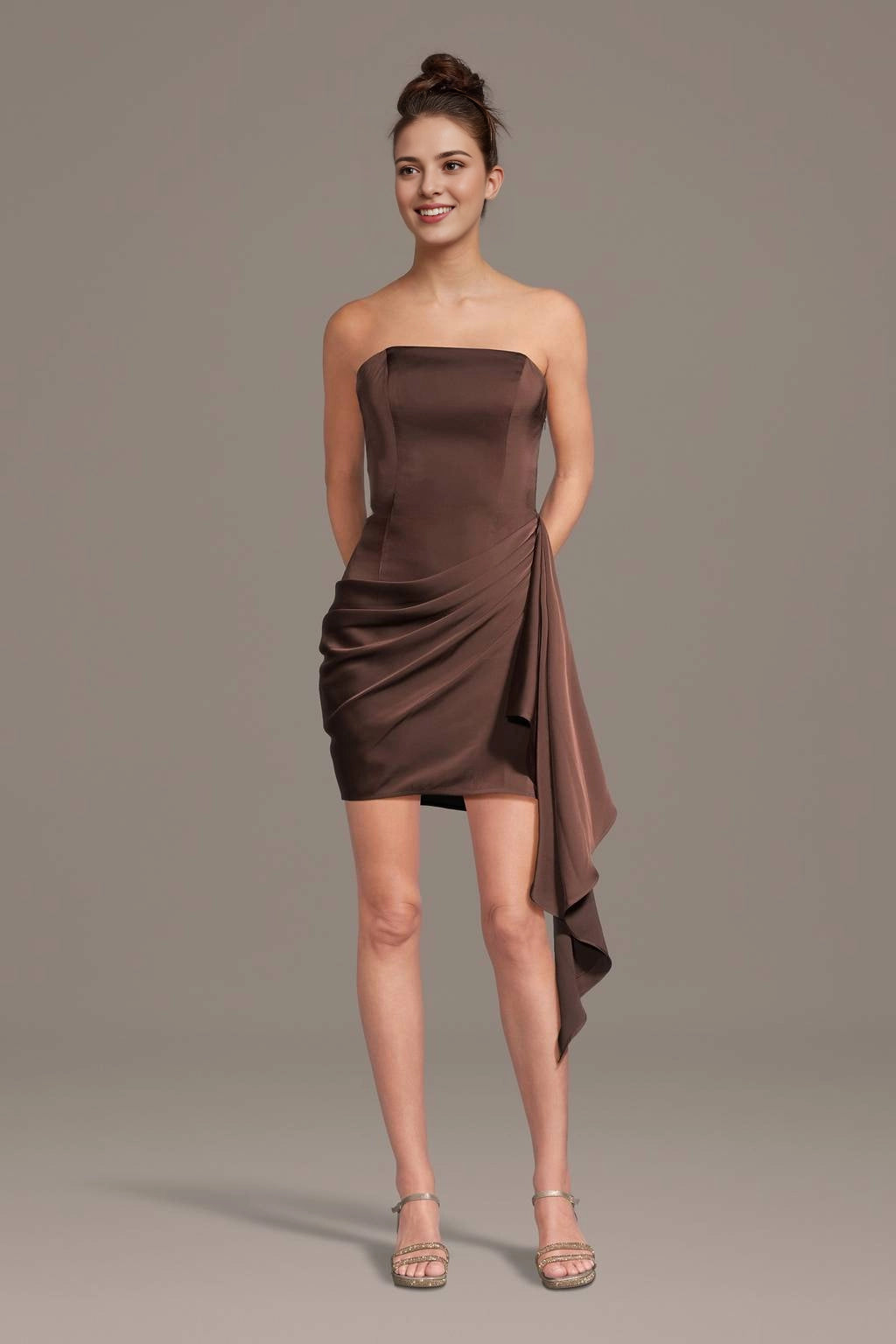 roselledress chocolate satin strapless straight neck draped side sash bodycon mini homecoming dress neutral studio front view