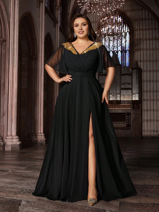 Roselledress black plus size prom dress v neck gold embroidery flare chiffon sleeve formal gown with slit