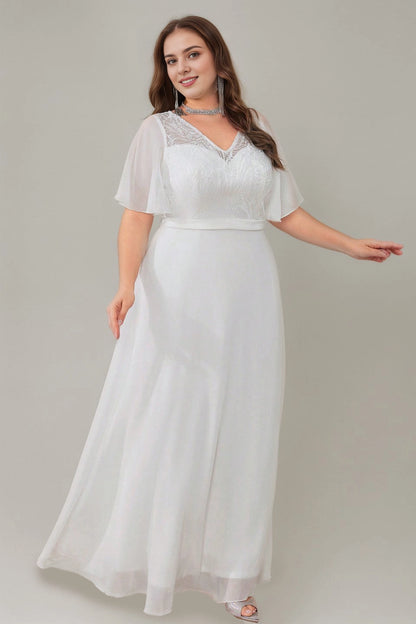 Plus Size White A Line V Neck Flutter Sleeve Lace Back Long Prom Dress