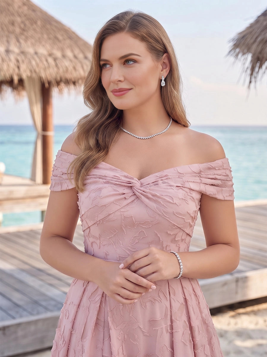 RoselleDress Romantic A-Line Off Shoulder Short Sleeve Lace Up Back Slit Floor Length Plus Size Bridesmaid Dress