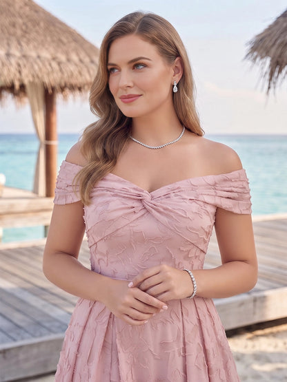 RoselleDress Romantic A-Line Off Shoulder Short Sleeve Lace Up Back Slit Floor Length Plus Size Bridesmaid Dress