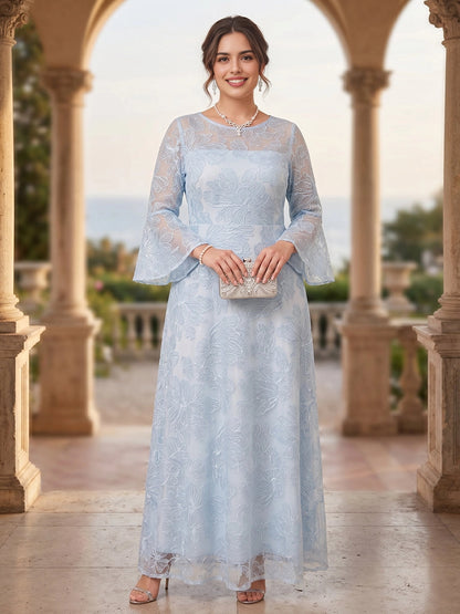 RoselleDress light sky blue plus size mother of bride dress illusion round neck glitter floral lace bell sleeve ankle length formal gown
