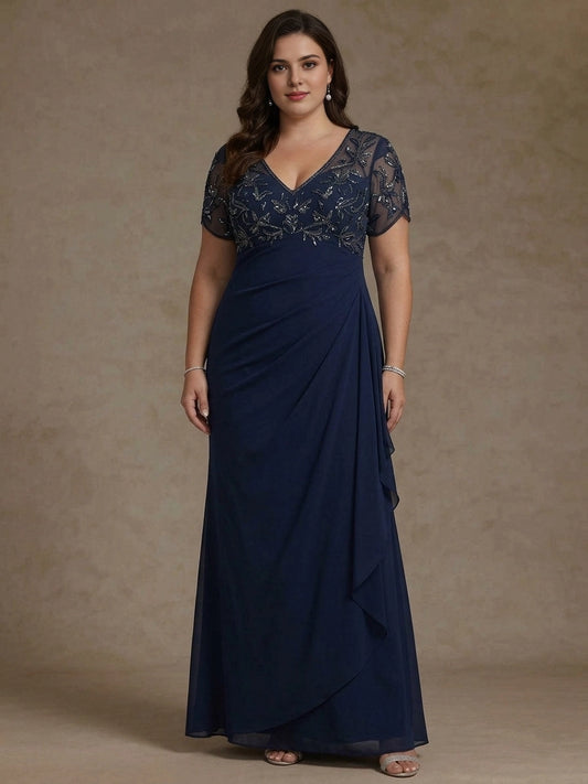 roselledress navy plus size mother of bride gown v neck beaded mesh short sleeve ruched chiffon maxi dress