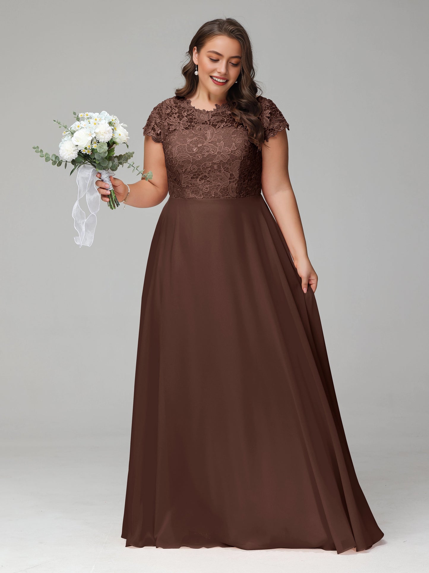 Elegant A‑Line Scalloped Neck Cap Sleeve Keyhole Back Floor Length Plus Size Mother Of The Bride Dress