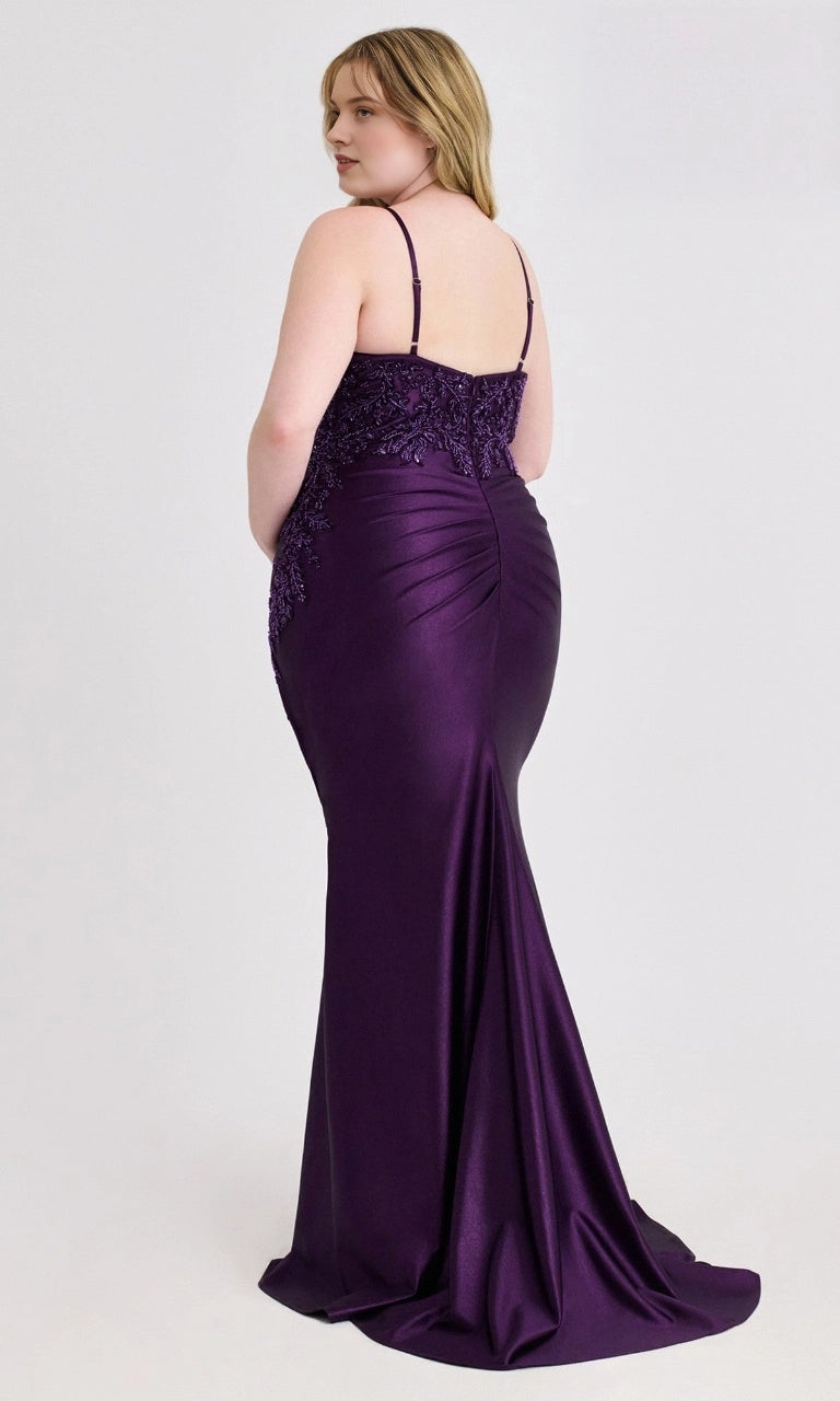 Plus size purple satin evening dress with open back, beaded lace and fitted mermaid skirt
