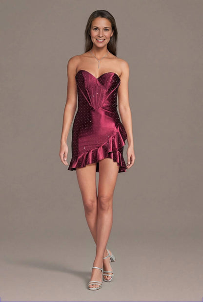 roselledress burgundy strapless corset satin mini homecoming dress with rhinestones and ruffle hem front view