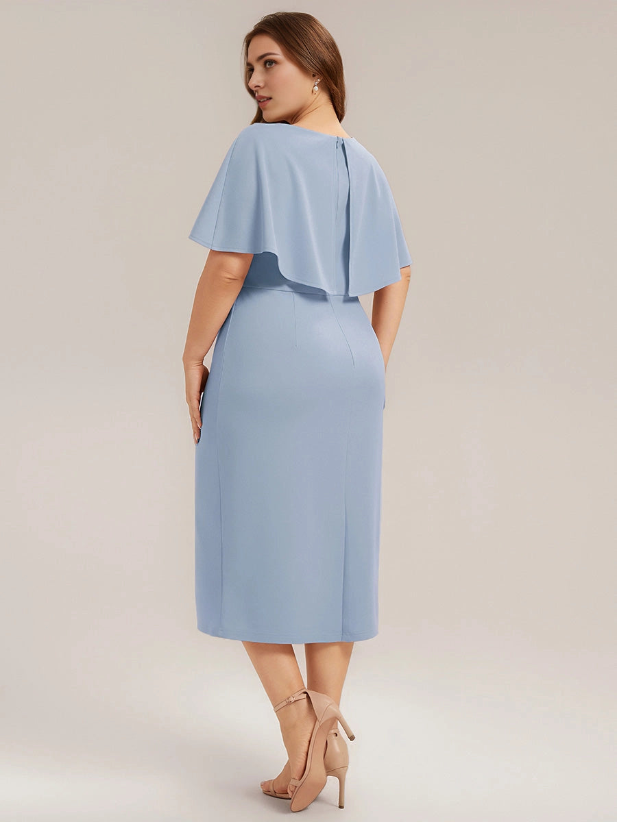 Roselledress stand collar cap sleeve crepe plus size formal midi dress solid seam back shot