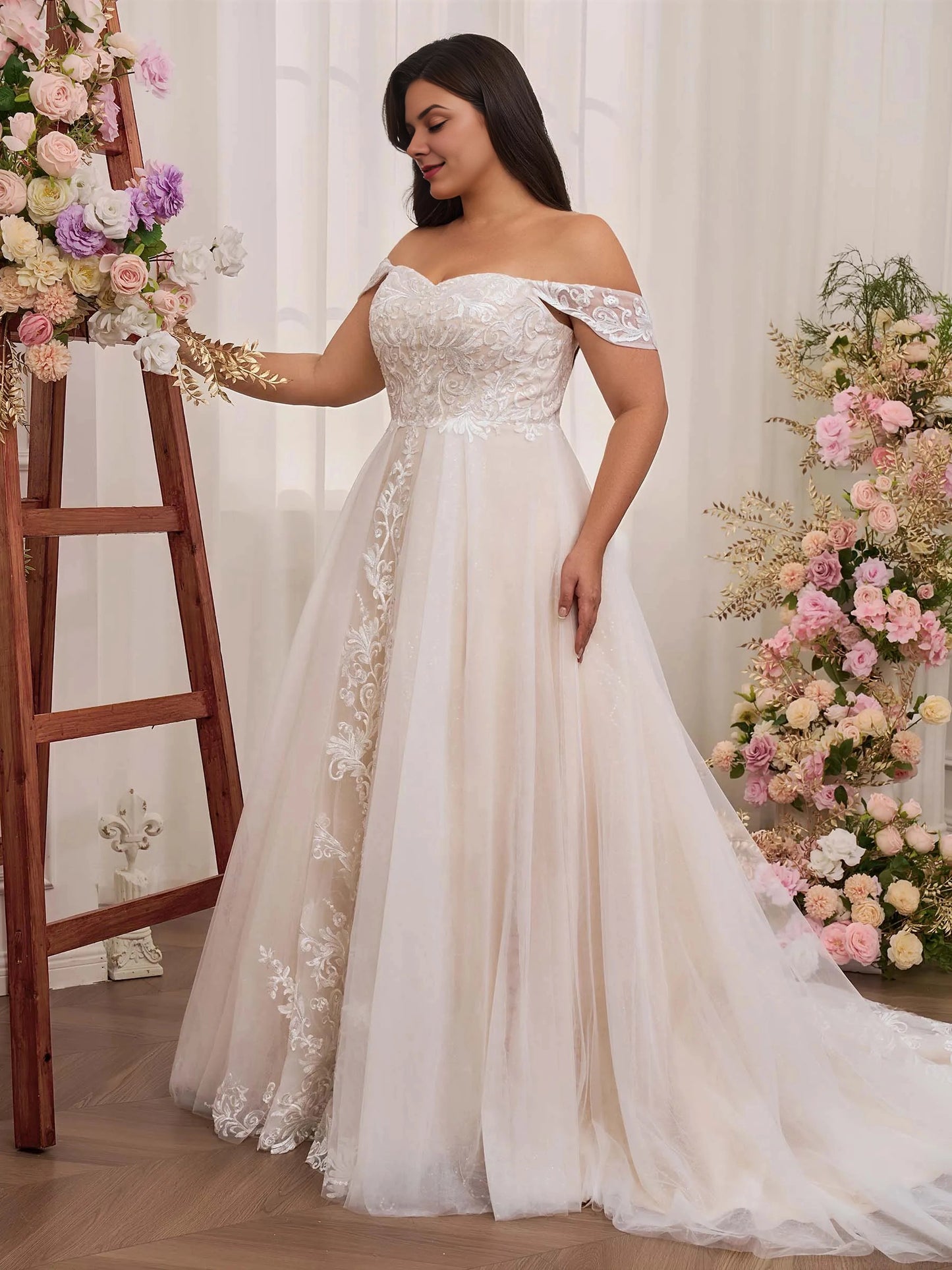 Gorgeous A‑Line Sweetheart Off‑Shoulder Lace‑Up‑Back Train Plus Size Wedding Dress