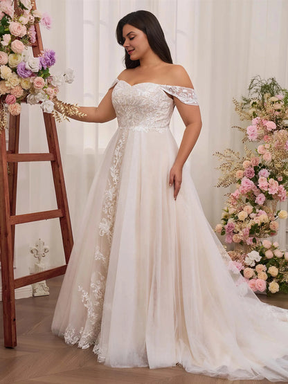 Gorgeous A‑Line Sweetheart Off‑Shoulder Lace‑Up‑Back Train Plus Size Wedding Dress