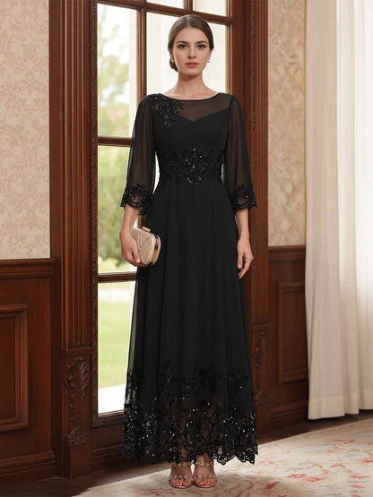 roselledress black lace illusion round neck 3/4 sleeve mother of bride gown with bead appliques