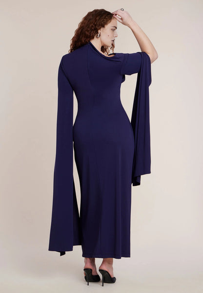 Roselledress Glamorous Column Asymmetric Cold Shoulder Cape Sleeve Zip‑Back Maxi Plus Size Wedding Guest Dress