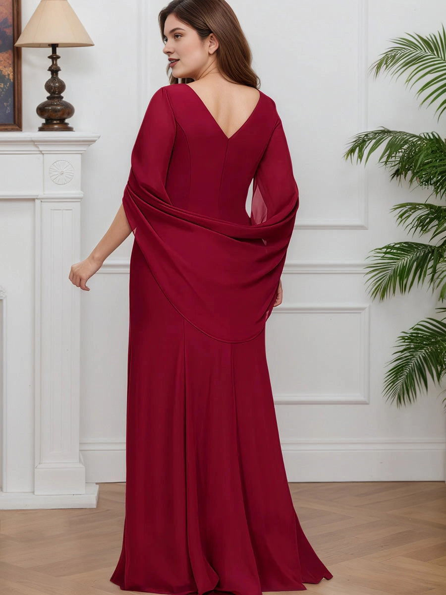 RoselleDress burgundy plus size mother of bride dress cape sleeve v-back chiffon drape maxi gown back view